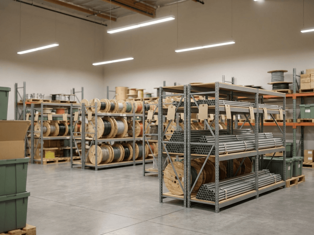 Neatly organised spools of electrical wire and metal conduit on warehouse shelving.